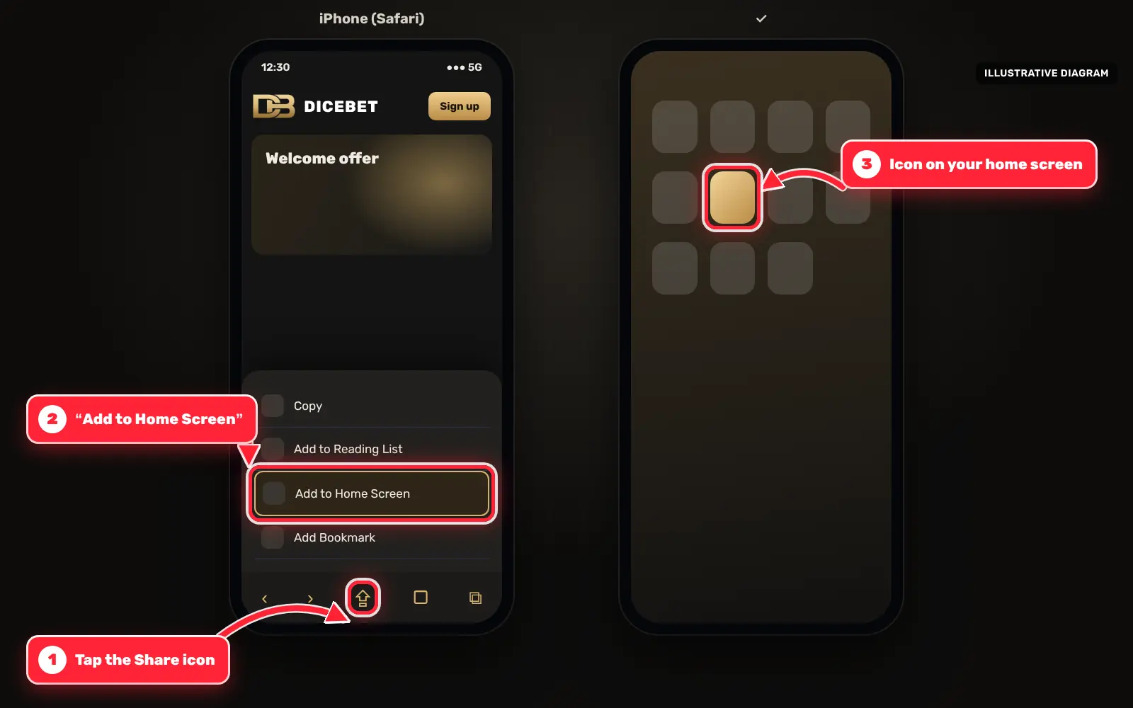 iPhone Safari with the Share icon and the Add to Home Screen option marked with red arrows