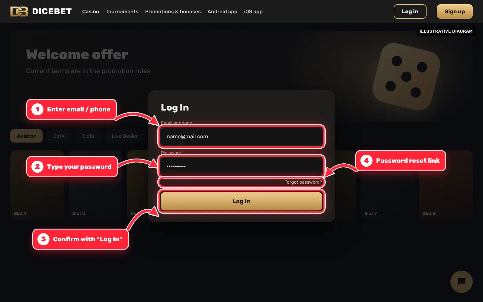 Dicebet login window with e-mail, password and login button marked by red arrows