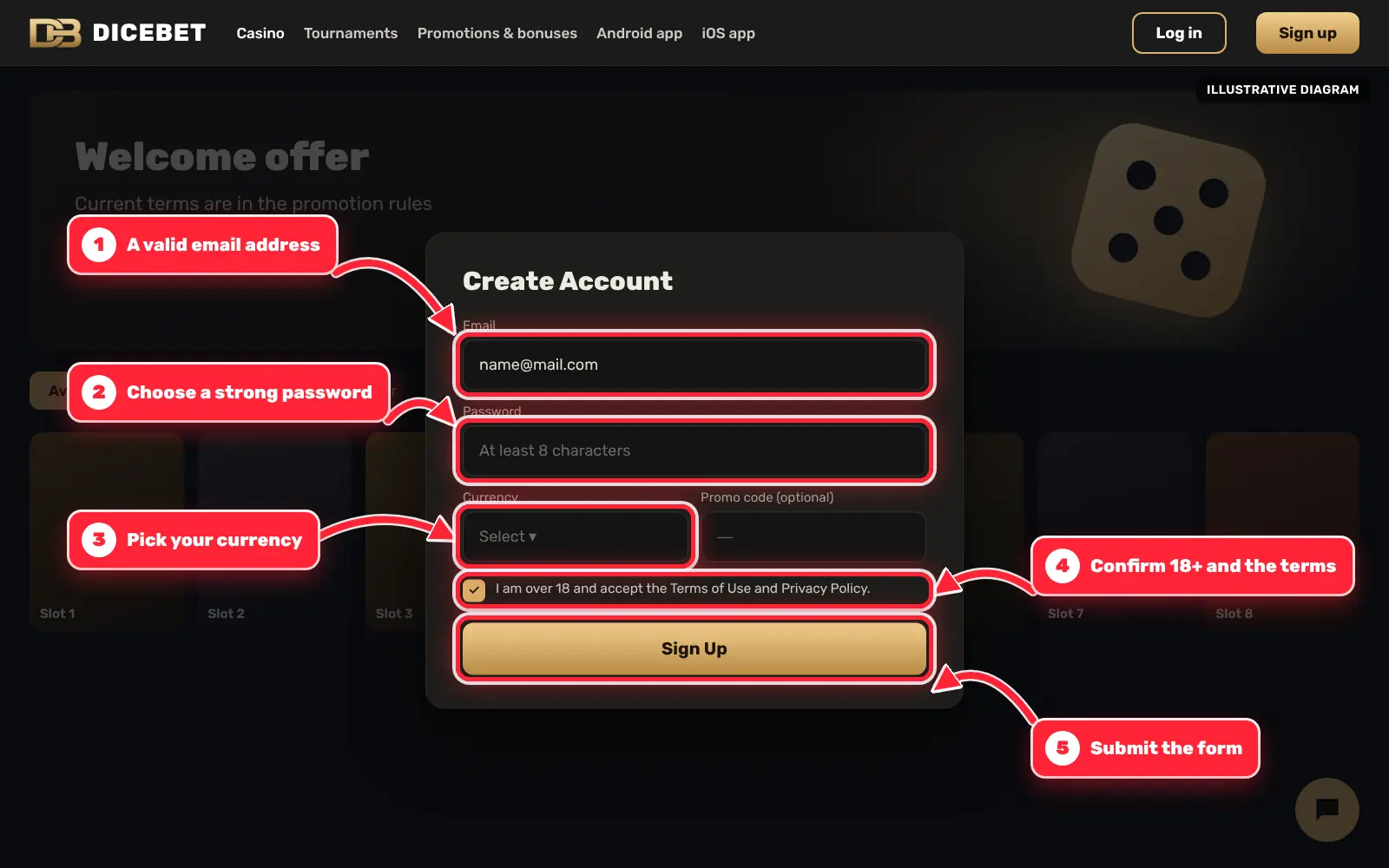 Dicebet sign-up form with e-mail, password, currency and 18+ confirmation marked by red arrows