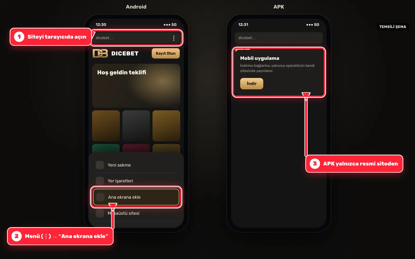 Android telefonda Dicebet mobil sitesi ve Android uygulaması bağlantısı kırmızı oklarla işaretli