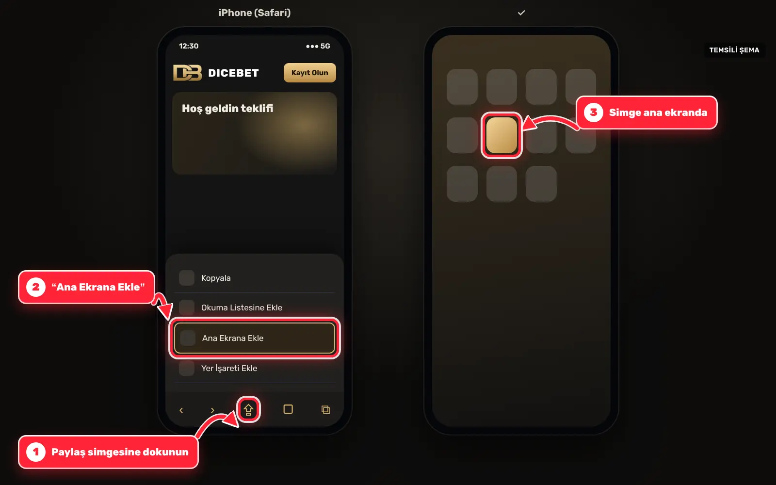 iPhone Safari’de Paylaş simgesi ve Ana Ekrana Ekle seçeneği kırmızı oklarla gösteriliyor