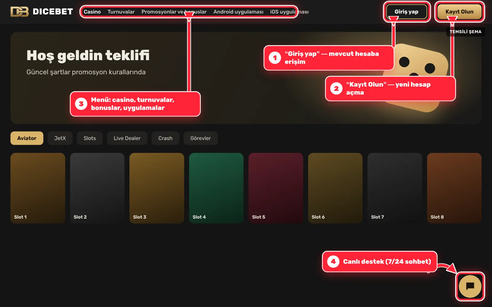 Dicebet lobisi ekran şeması