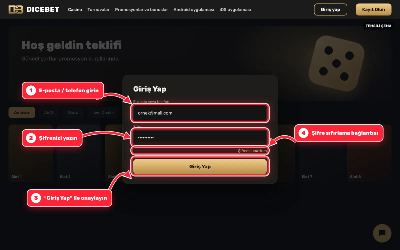 Dicebet giriş penceresi: e-posta, şifre ve Giriş Yap düğmesi kırmızı oklarla işaretli
