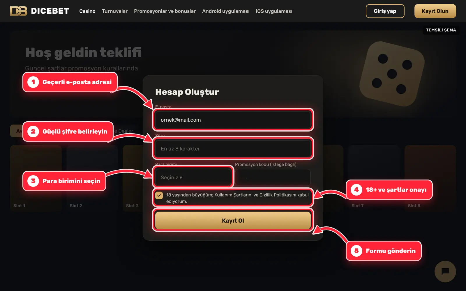 Dicebet kayıt formu: e-posta, şifre, para birimi ve 18+ onayı kırmızı oklarla işaretli