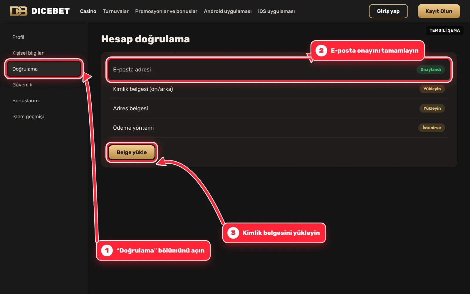 Dicebet hesap doğrulama ekranı: belge yükleme düğmesi kırmızı okla işaretli
