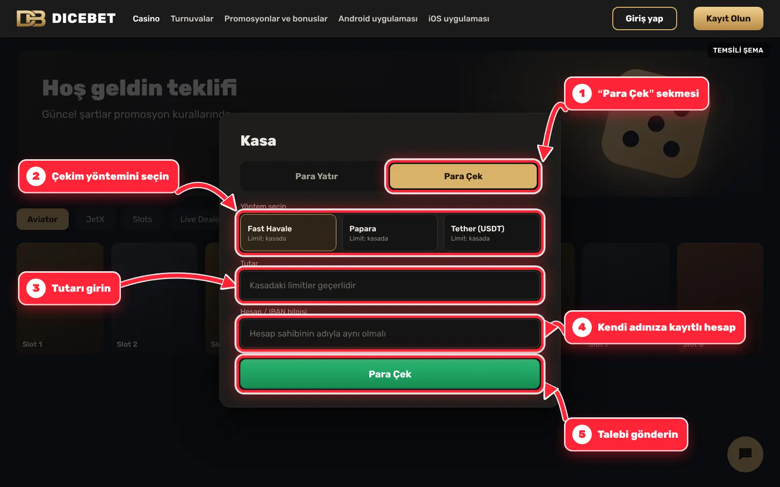 Dicebet kasası: Para Çek sekmesi, yöntem, tutar ve hesap bilgisi alanları kırmızı oklarla işaretli